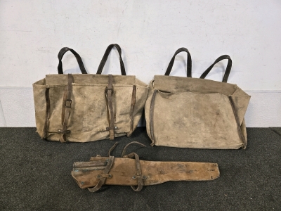 Vintage Leather Rifle Scabbard, (2) Vintage Large Canvas Bags