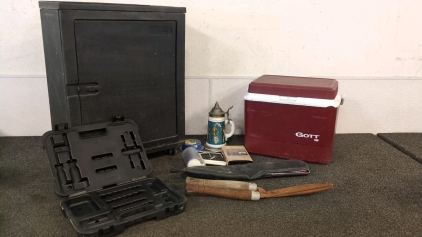 Rolling Toolbox, Pewter Lidded Stine, Grappling Hook, and More