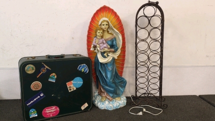 Mother Mary Holding Jesus Light Up Statue, Suitcase, and Wine Rack