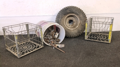 Small Crates, Wheel, and Bucket of nuts and bolts
