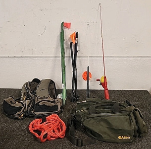 ICE Fishing Gear.. 2 Poles 1 Is a Red n White Shakespeare.. Inflatable Floatation Vest... Allen Gear Bag Multi Pockets..
