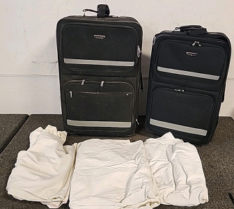 Large Protege Suitcase with Wheels.. Medium Protege Suitcase With Wheels .. set of white Drop Clothes..