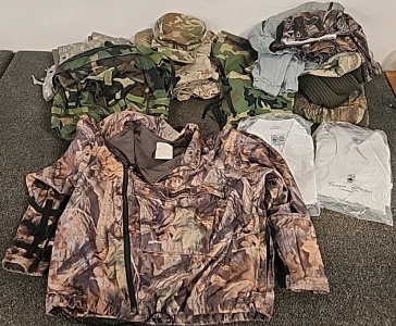 SportChief Camo Jacket with Aquatex Breathable RainProof Technology.. Camo Backpack Camo Tarp.. Camo Army Hats And Pants Assorted Shirts and More