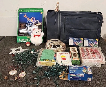 Christmas Decor... Lighted Angel,4 Strings of Lights .. 37' Each with 100Lights Per String.. Christmas Bulbs and Tree Toper and Suitcase..