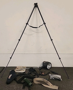 Cabelas 5'2" Shooting BiPod.. Beam Max Million 3 3 Million Candle Power Spotlight.. Advanced Black Powder Hunting Book.. Black Powder Ramrod..Various Optical Lens Covers and lanyards..