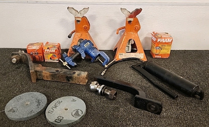 Allied Car Jack Stands 3Ton Capacity... Central Forge Small Table Vice.. 1 Standard Hitch Receiver.. Small Receiver 1.5" input Shaft.. 3 Fram Oil Filters..2" Ball.. 2 6" Grinding Wheels..