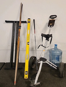 Golf Bag Cart.. Hi Bore Monster XLs 9.5&deg; Driver with Flex shaft..4'Pittsburgh Level.. Recurve Bow.. 5Gal water Bottle.. Musician Stand for Keyboard..