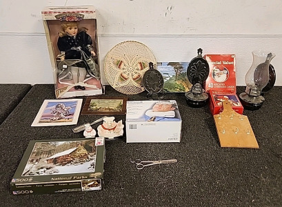 17" Tall Porcelain Doll .. Butterfly Wall art.. National Parks Puzzle Homedics Neck Massager.. Oil Wall Lanterns Christmas Cards .. and More