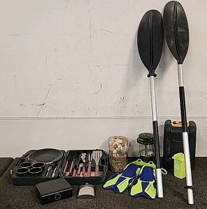 Feild&Stream Camp Kit .. Coleman Propane Lantern.. Paddles.. water Flippers Whiskey Flask.. And a Box Of River Rocks...