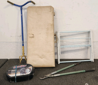 Incline Bench.. Garden Hand Tiller.. Tree Loppers.. Tire Chains Laundry Rack..