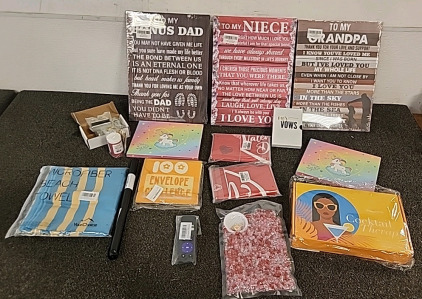 3 Canvas Prints. Cocktail Therapy Kit.. 2 Valentines day Table clothes. Bead Kit.. Roku Remote Micro Fiber Beach Towel.. ...Waterproof Tablet case.. and more..