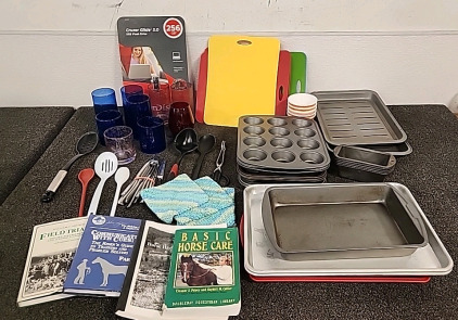 3 Cookie Sheets..1 Cake Pans .. 7 Muffin Pans ..5 Mini Loaf Pans.. Hand Knitted Pot Holders.. Glass Glasses 5 Cutting Sheets .. Cooking Utinsils Horse Training Books ..