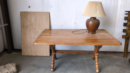 Oak Dining Table, Lamp, and Block of Wood