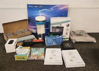 Knife Sharpener and Sharping Block.. Magic String light.. Moveez Back Brace.. Cafezi Resusable Cup.. Sonic Anti Bark Device.. Sunglasses.. Fidget Spinner.. and More