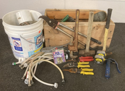Wood Box Of Various Tools & Parts, Bucket Of Cords / Teathers & Other Miscellaneous Parts