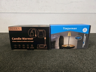(1) Timjorman Black & Gold LED Cordless Lamp 2-Pack, (1) Reidea Candle Warmer Lamp Timer Dimmer