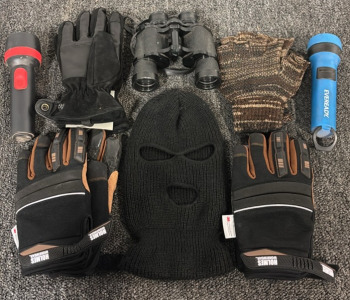 Binoculars, Ski Mask, Gloves, Flashlights