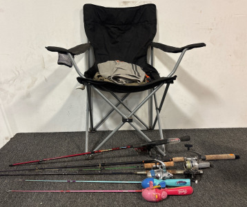 Fishing Rods, Fishing Vests, & Folding Arm Chair