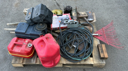 An Assortment of Yard Tools (1) Vintage Blitz Gas Can (1) 11 Piece Pittsburgh Fuel Injection Pump Tester