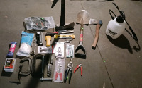 (24) Utility Tool Lot - (1) Chapin 1-Gallon Sprayer (1) Black & Decker Mini Shovel (1) Hatchet (1) Trooper Long-Handled Hatchet (2) C-Clamps (2) Ropes (1) Box of Screws (1) Propane Regulator Hose Adapter (1) Zircon Stud Finder (1) Milwaukee Compact Hacksaw (1) Laser Level Pro 3 - 8 ft Measuring Tool (2) Wire Strippers (1) Irwin Cutters (2) Defiant Door Bolts (1) Multimeter Probe Set (1) Yellow Level (1) U-Pin Tool (1) Hanger Clip