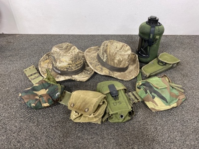 (2) Realtree Hats , Military Belt with Pouches and More