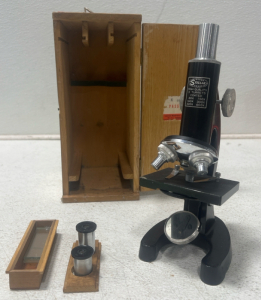(1) Vintage Microscope In Vintage Wooden Box