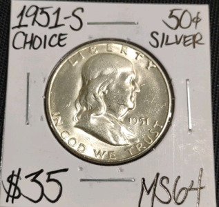 1951-S MS64 Choice Silver Franklin Half Dollar
