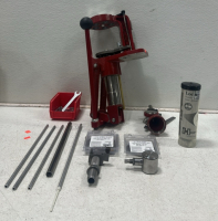 Hornady Progressive Loading Press - Red, Lock-N-Load #1 Shell Plate, Lock-N-Load #16 Shell Plate, Various Small Tools Including: Crescent Wrenches, Alan Wrenches, and More