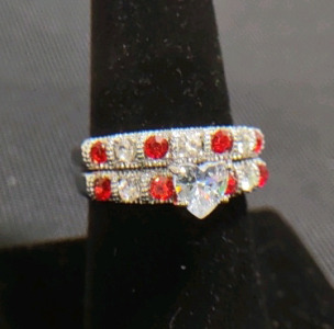 2-Piece Heart Shaped White Crystal w/ White & Red Crystals Silver Toned Ring Set