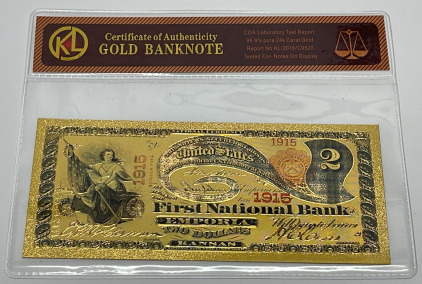 $2.00 99.9% Pure 24k Carat Gold Sleeved Banknote W/ C.O.A.