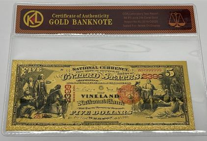 $5.00 99.9% Pure 24k Carat Gold Sleeved Banknote W/ C.O.A.