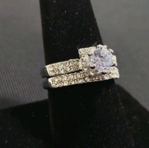 Silver Toned Clear Gem 2-Piece Ring Set