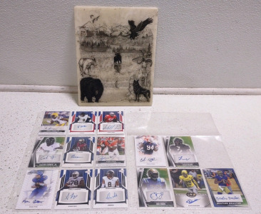 (14) Assortment of Various Sage Certified Leaf Autographed Football Cards (More Info in Photos) & A Handcrafted Cultured Marble Piece by John Wills Studios, likely titled "Forest Scene Moode Mountain"