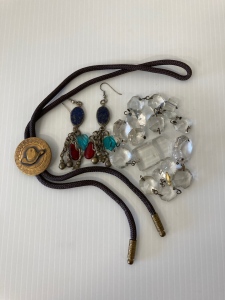 Vintage Bolo Tie, Chandelier Crystals, and Pair of Lapis Earrings