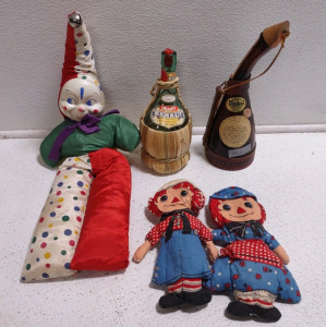 Vintage 1967 Chianti Wine Bottle by Verdiana Cetti from Certaldo, Florence, Italy, Encased in a Straw Basket, Vintage 10" Raggedy Ann & Andy Dolls, Vintage Hard Faced Clown Jester 26" Plush Stuffed Animal 1950's-1960's, & (1) More