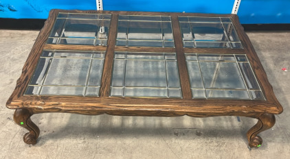 (1) Vintage French Carved Wood Oak Coffee Table Bevelled Glass Mosaic