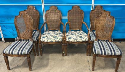 (6) Vintage Wood & Cane Dining Table Chairs