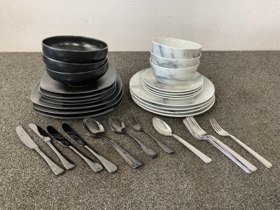 Black and White Dishes and Silverware