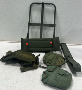 (1) Vintage US Army Rucksack Support Frame, (2) Vintage US Army Canteen Sleeves, (1) Vintage US Army Tactical Belt, (1) Vintage US Army Lower Back Strap for Rucksack Support Frame