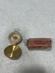 (1) Hunters Case Compass With Luminescent Dial (2) 50 Count Roll Of Wheatback Lincoln Copper US Pennies