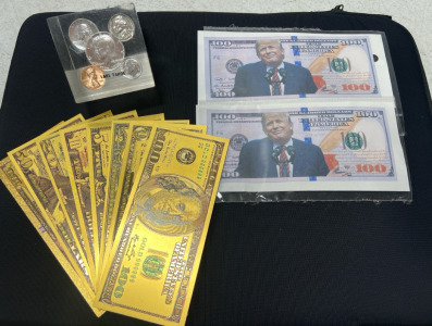 (1) US Coins Paperweight Cube (1) Gold Toned US Currency Set (2) 2024 Donald Trump Campaign 100 Dollar Bill