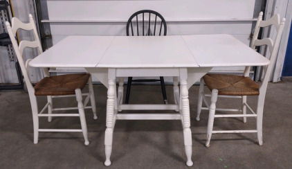 36"x 58&frac12;"x 30" Antique White Drop Leaf Table w/ (3) Assorted Chairs