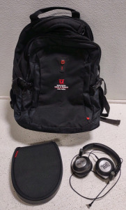 (1) SwissGear Backpack (1) JBL Over-Ear Headphones (1) Sony Over-Ear Headphones (1) JVC Wired On-Ear Headphones