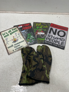 (1) Pair Of Czech Shooters Winter Mittens (4) Tin Signs For Decoration