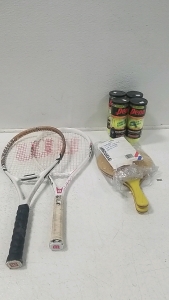 (2) Wilson Raquets, (4) Bottles of Tennis Balls- 3 per Bottle, Rally Ball Set