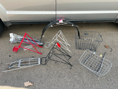 Assorted Bike Pieces, Baskets, And More