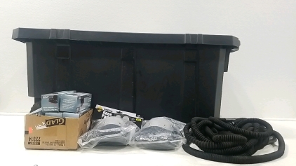 Flexible Cloth Hose, Knee Pads, Boxes of Trash Bags, Large Tote