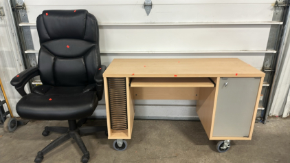 (1) Rolling Wooden Desk w/ Pull-Out Keyboard Rest and Glass Door Storage Cabinet (48&rdquo; x 20&rdquo; x 29&rdquo;), (1) Black Leather Rolling Desk Chair