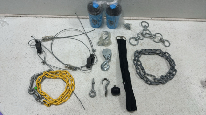 Collection of Exercise Equipment - Chains, Pulleys, Straps, Hooks, and More, (2) Bodybuilding.com Shaker Cups