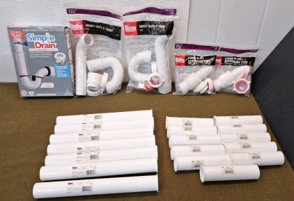(1) Simple Drain Complete Universal Trap Kit, (2) 1-1/2", Oatey Heavy Duty P-Traps & (2) 1-1/2", Oatey, Form & Fit Extension Tubes, 3" To 6", (7) 1-1/2" Oatey 12" Sink Tailpieces & (11) 1-1/2" Oatey 6" Sink Tailpieces
